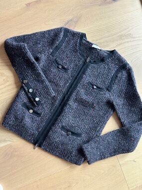 Stefanel Black Tweed Zip-Front Cardigan with Subtle Multicolor Flecks